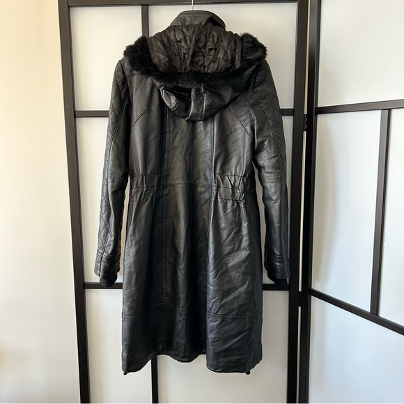 [XS] Vintage Danier Leather Moto Style Trench Coat Black Rabbit Fur Hood Winter - Picture 4 of 15